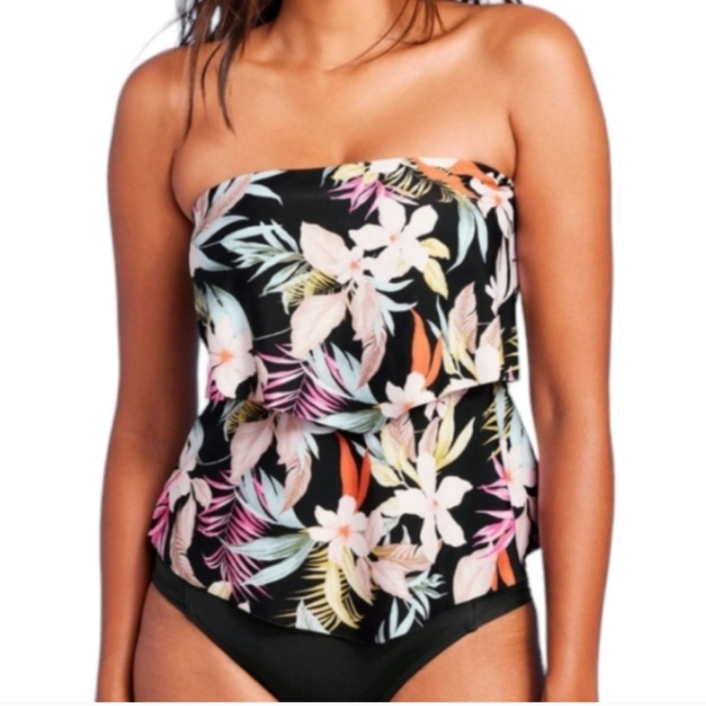 Kona Sol Women Tropical Print Tiered Bandeau Tankini Top Size M